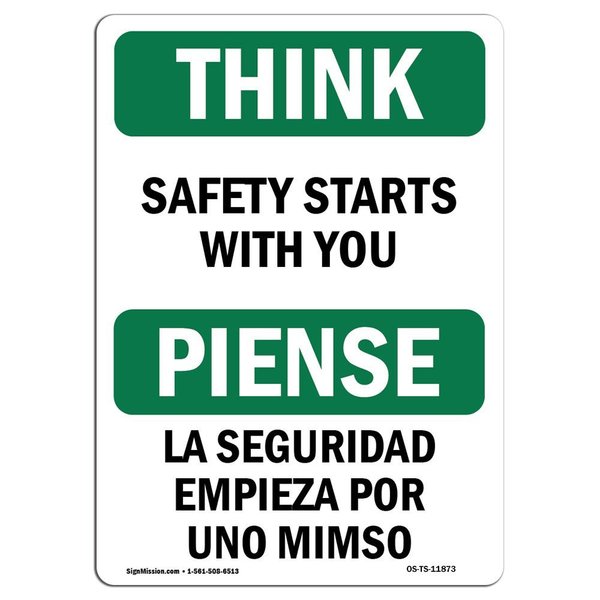Signmission OSHA THINK Sign, Safety Starts W/ You Bilingual, 5in X 3.5in Decal, 3.5" W, 5" L, Landscape OS-TS-D-35-L-11873
